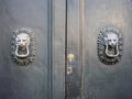 Lion head knockers on an old wooden door. Royalty Free Stock Photo